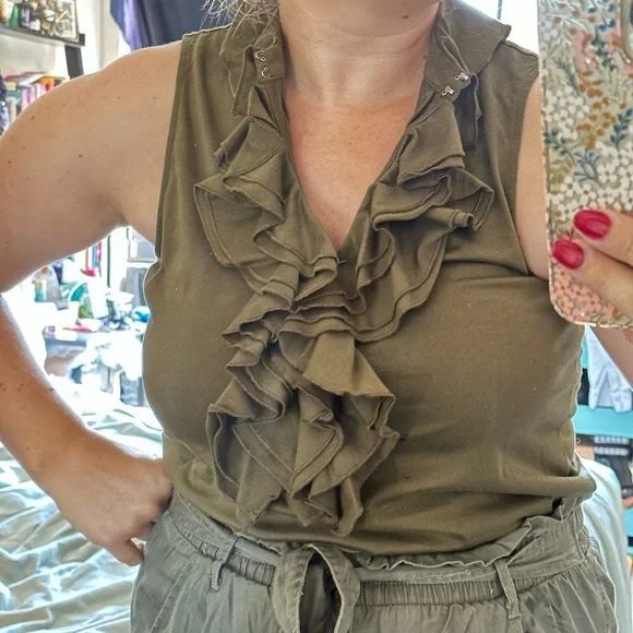 Lauren by Ralph Lauren Olive Green High Neck Ruffle Tank Top XL 100% Cotton - Picture 6 of 6
